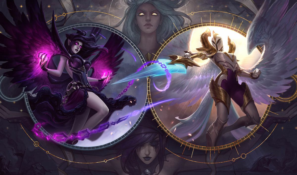 Arte fraternal de Kayle y Morgana, con Kayle a la derecha, en League of Legends.  Kayle usa una armadura de placas completa y empuña una espada azul;  ella también tiene alas de ángel blancas extendidas detrás de ella.  Morgana está vestida con un corsé y una falda morados, con sus alas moradas también extendidas detrás de ella.