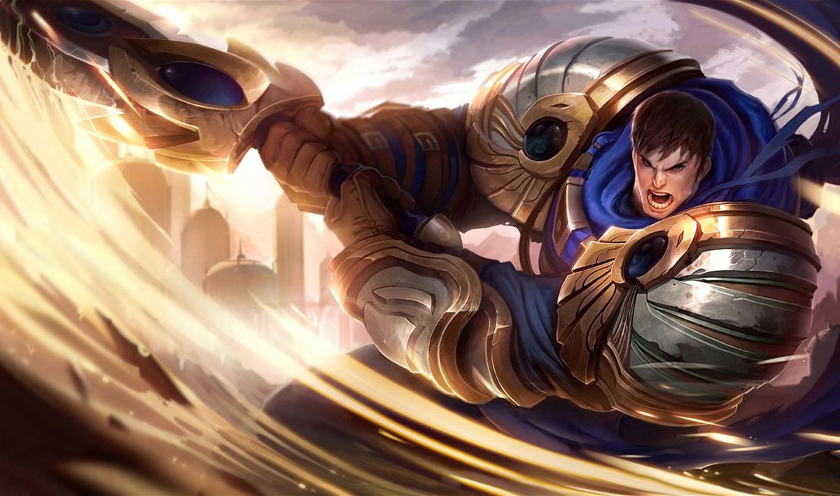 El campeón de League of Legends, Garen, con una enorme armadura, empuña su gran espada.