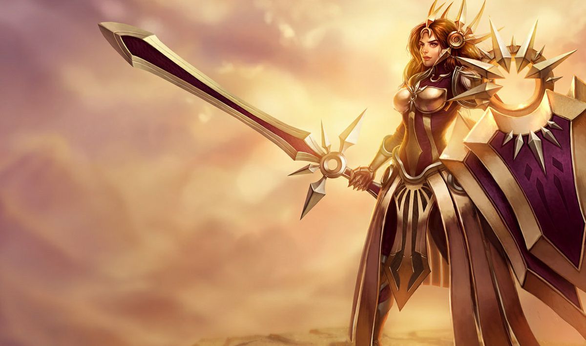 La campeona de League of Legends, Leona, sostiene su espada solar gigante y su escudo solar gigante mientras usa una armadura solar gigante mientras el sol brilla detrás de ella.